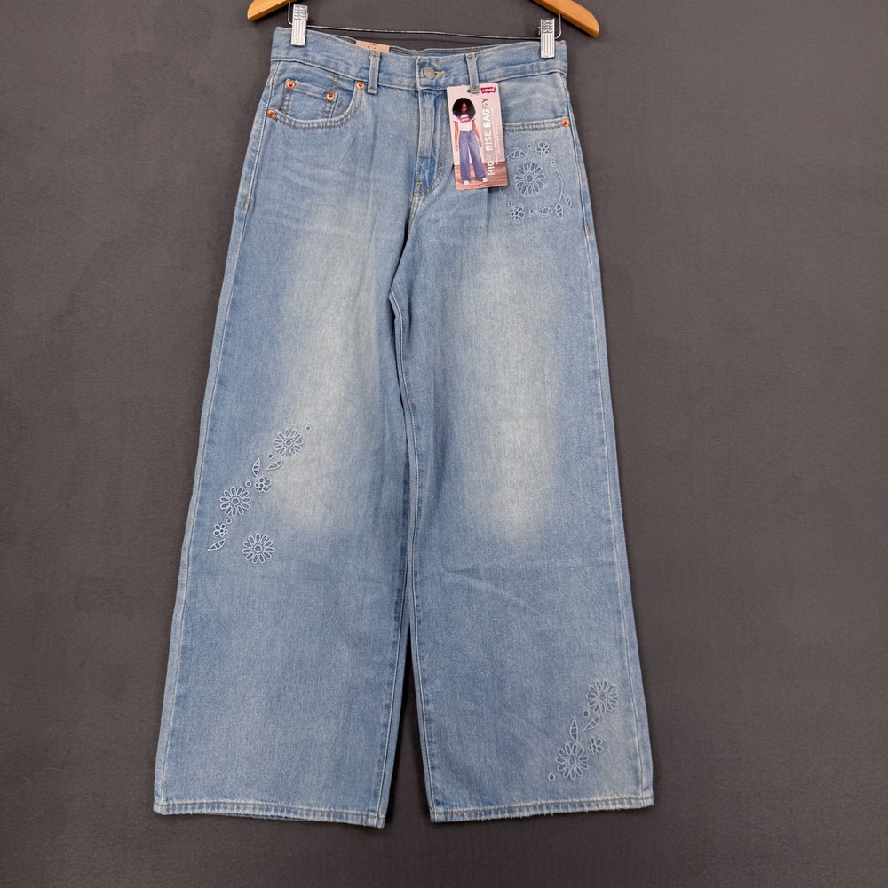 Levis High Rise Baggy Jeans Girls 14 Light Wash Floral Embroidered Wide Leg Boho